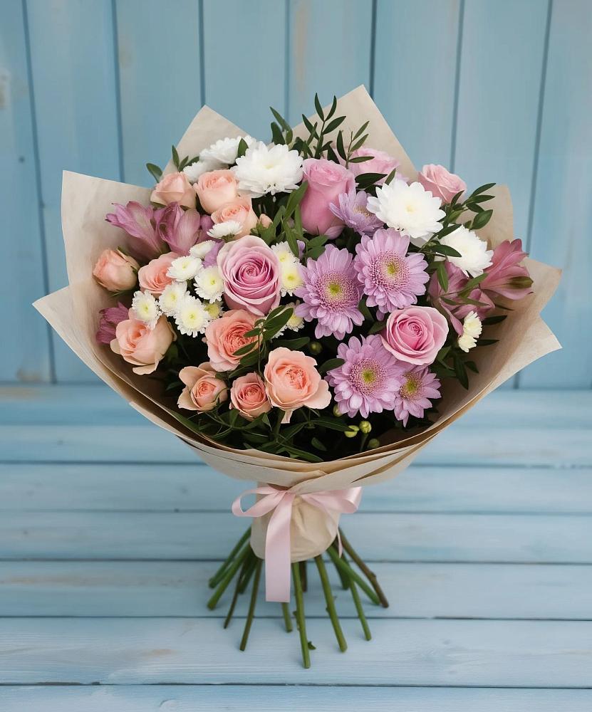 Букет цветов из: Хризантемы, Розы и Альстромерии в Волочаевке-2