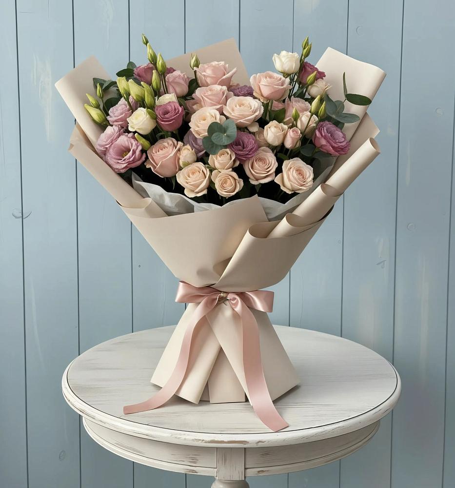 Букет цветов из: Розы и Лизиантусы в Волочаевке-2